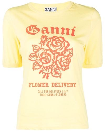 Ganni Graphic-print Organic Cotton T-shirt - Yellow