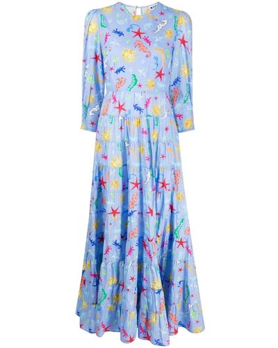 RIXO London Kristen Long-sleeve Tiered Dress - Blue