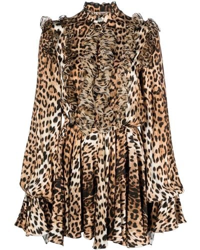 Roberto Cavalli Ruffled-detail Leopard-print Dress - Brown