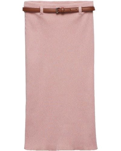Prada Belted Ribbed Cotton Midi Skirt - Pink