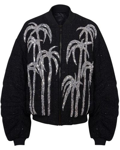 Balmain Palm Tree-print Tweed Bomber Jacket - Black