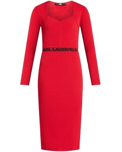 Karl Lagerfeld Ribbed Logo-waistband Midi Dress - Red