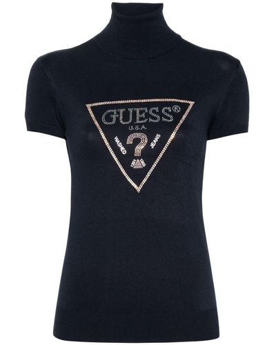 Guess USA Crystal-embellished Logo Knitted Top - Blue