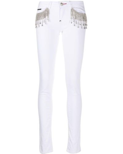 Philipp Plein Crystal-fringe Slim-fit Jeans - White