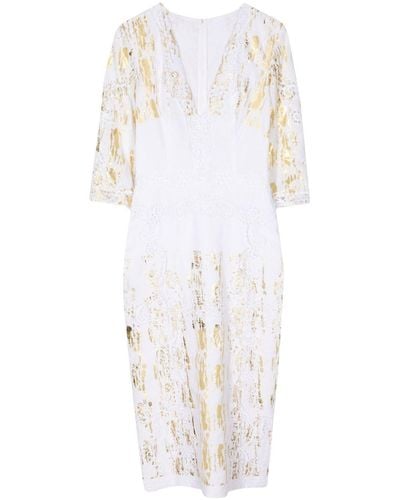 Costarellos Foil-print V-neck Linen Dress - White