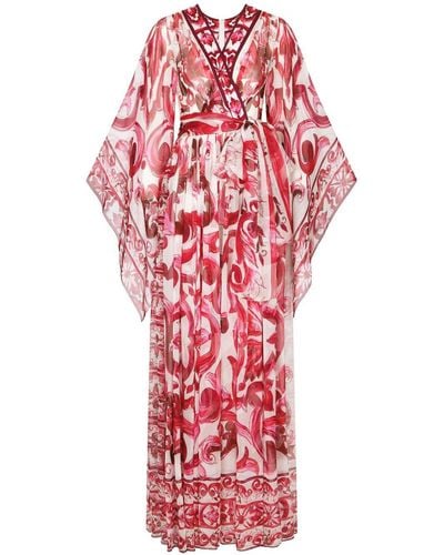 Dolce & Gabbana Majolica Print Silk Long Dress - Red
