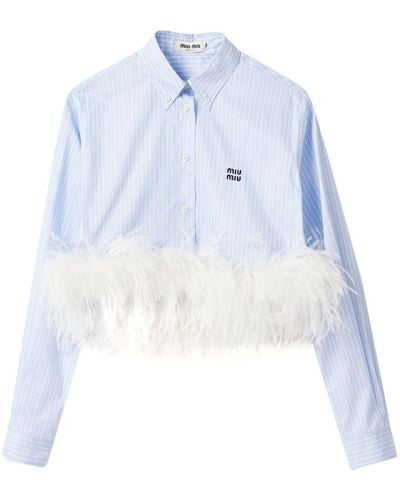 Miu Miu Feather-trim Striped Cotton Shirt - Blue