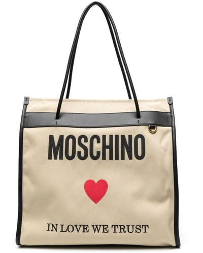 Moschino Shopper aus Canvas mit Logo-Print - Natur
