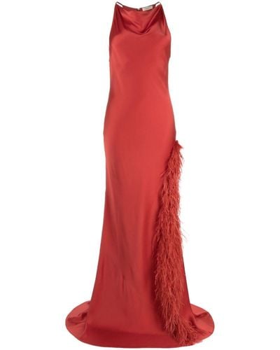 LAPOINTE Robe longue satinée bordée de plumes - Rouge