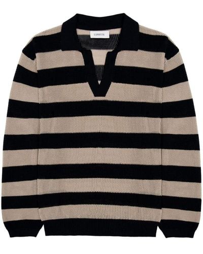 Laneus Striped Knitted Polo Shirt - Black