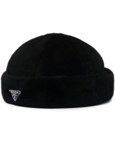 Prada Logo Plaque Shearling Hat - Black