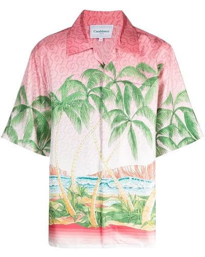 Casablancabrand Tropical-print Short-sleeve Linen Shirt - Pink