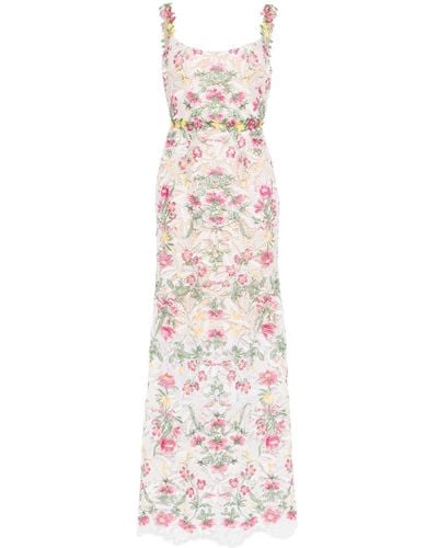 Marchesa Alexis Floral-embroidered Lace Gown - White