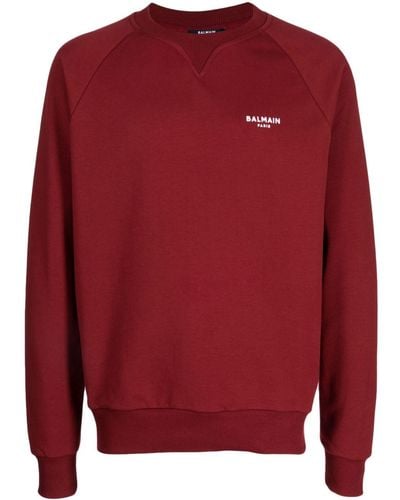 Balmain Flocked-logo Cotton Raglan Sweatshirt - Red