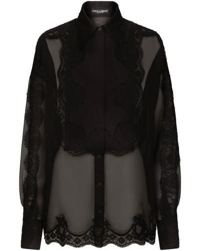 Dolce & Gabbana Camisa de esmoquin en organza con aplicaciones de encaje - Negro