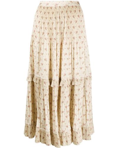 Polo Ralph Lauren Jaclyn Floral Belted Pleated Ruffled Maxi Skirt - Natural