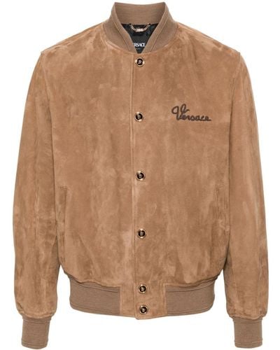 Versace Logo-embroidered Suede Bomber Jacket - Brown