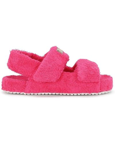 Dolce & Gabbana Logo-plaque Faux-shearling Sandals - Pink