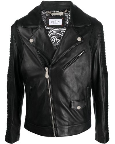 Philipp Plein Embossed-logo Padded Leather Biker Jacket - Black