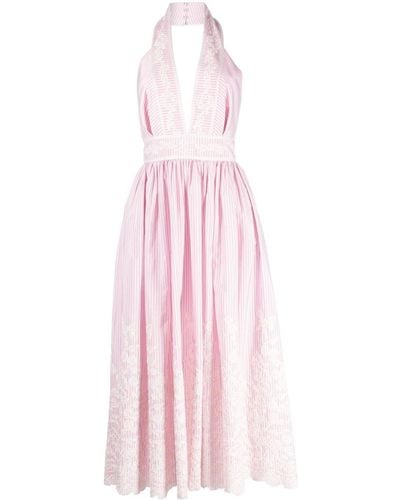Elie Saab Pinstripe Floral-embroidered Halterneck Dress - Pink