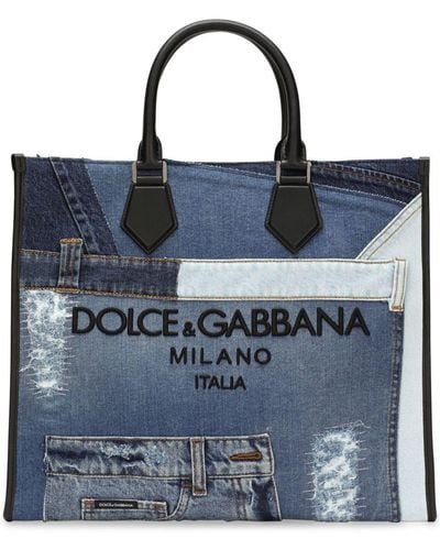 Dolce & Gabbana Logo-embroidered Denim-patchwork Tote Bag - Blue