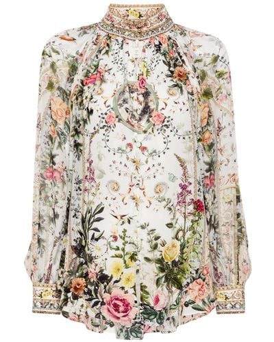 Camilla Seidenbluse mit Blumen-Print - Weiß