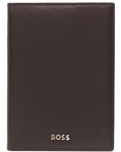 BOSS Logo-lettering leather passport holder - Braun
