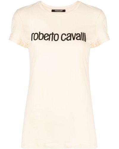 Roberto Cavalli Logo-embroidered Stretch-cotton T-shirt - Natural