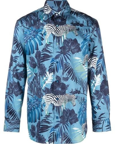 Etro Overhemd Met Bladerprint - Blauw
