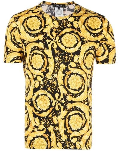 Versace T-shirt girocollo con stampa barocco all-over in cotone stretch e nero uomo - Giallo