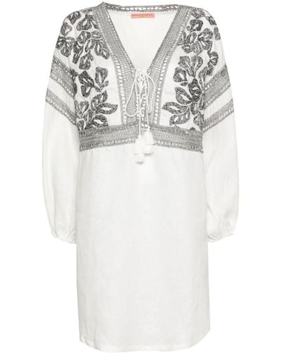 Ermanno Scervino Floral-embroidered Linen Midi Dress - Grey