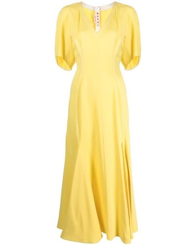 Marni V-neck Flared Midi Dress - Yellow