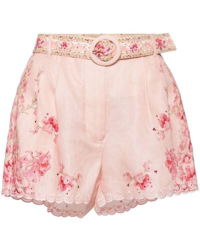 Camilla Blossoms And Brushs-print Linen Shorts - Pink