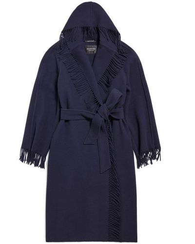 Balenciaga Manteau en laine vierge à franges - Bleu