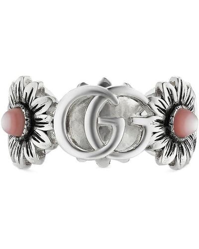 Gucci Sterling Silver, Mother-of-pearl And Topaz Double G Flower Ring - Metallic