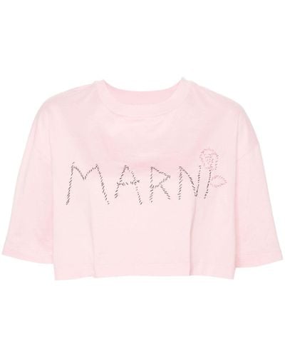 Marni T-shirt crop con ricamo - Rosa