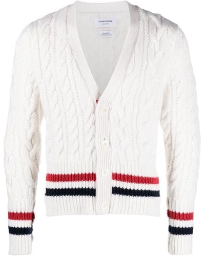 Thom Browne Rwb Cable-knit V-neck Cardigan - White