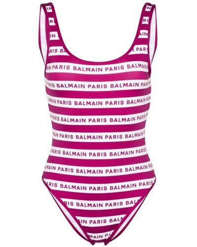Balmain Logo-print Striped Swimsuit - Pink