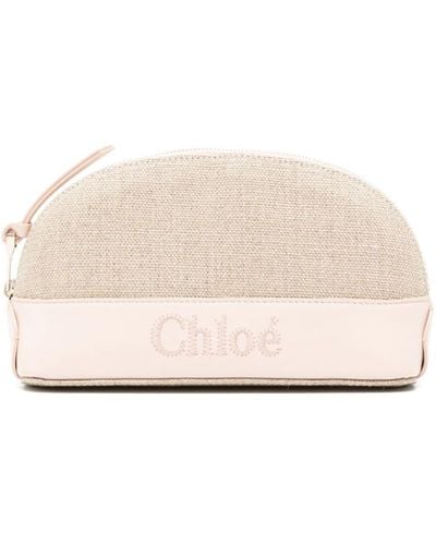 Chloé Logo-embroidered linen makeup bag - Natur