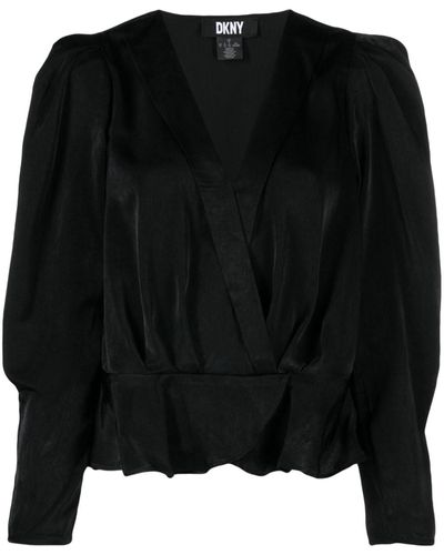 DKNY Pleat-detail Satin-finish Blouse - Black