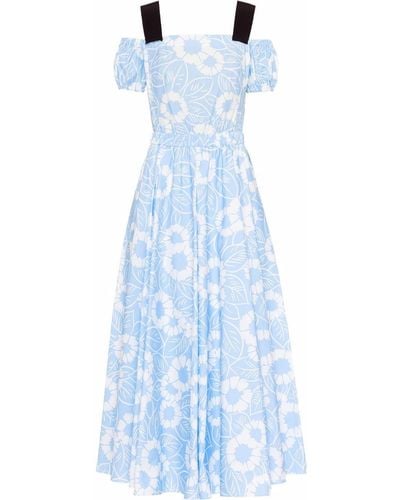 Prada Floral-print Off-shoulder Cotton Dress - Blue