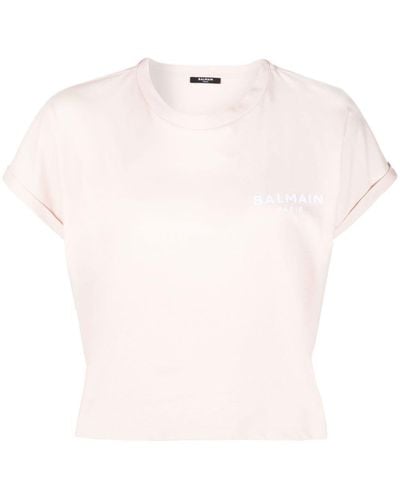 Balmain Cropped-T-Shirt mit geflocktem Logo - Pink