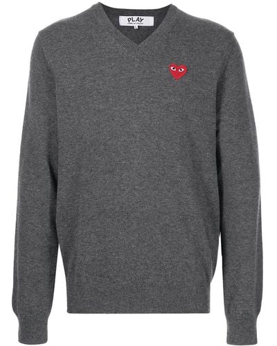 COMME DES GARÇONS PLAY V-neck Knitted Heart Sweater - Gray