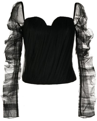 ANOUKI Tulle-sleeved Pleated Top - Black