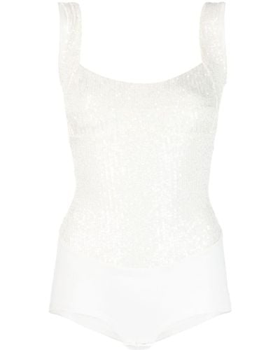 Atu Body Couture Square-neck Sequinned Silk Bodysuit - White