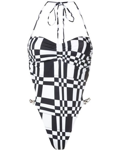 Amir Slama Geometric-print Open-back Swimsuit - White