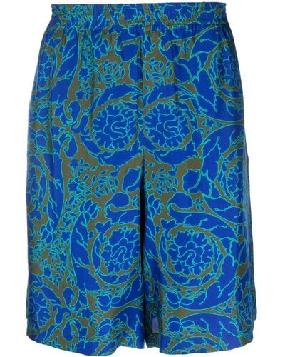 Versace Abstract-print Silk Shorts - Blue