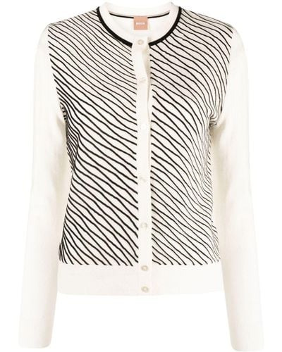BOSS Piped-stripes Crew Neck Cardigan - White