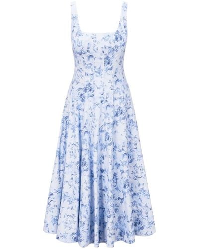 STAUD Wells Floral-print Flared Dress - Blue