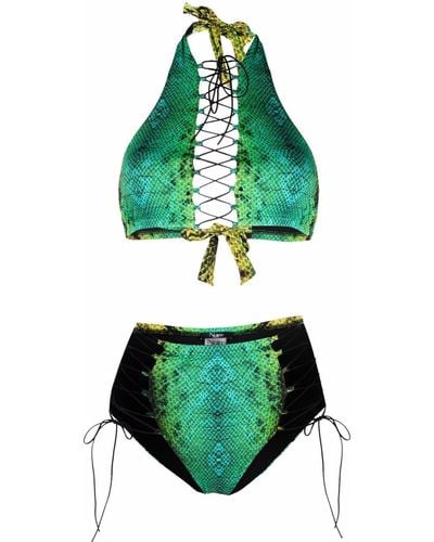 Noire Swimwear Snakeskin-print Lattice-strap Bikini Set - Green